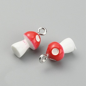 Opaque Resin Pendants, with Platinum Tone Alloy Loops, Mushroom Charm with Polka Dot Pattern