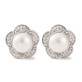 925 Sterling Silver Flower Stud Earrings, with Natural Pearl & Clear Cubic Zirconia