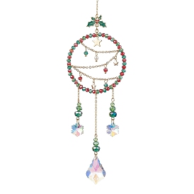Christmas Theme Glass Ring Pendant Decoration, Snowflake & Leaf Tassel for Christmas Tree Hanging Ornaments