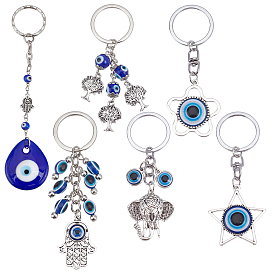 6Pcs 6 Style Evil Eye Keychain, with Alloy Findings, Mixed Shape
