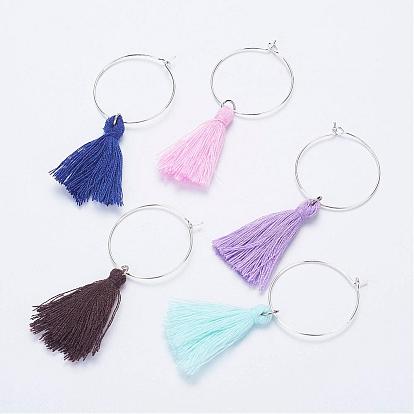 Cotton Thread Tassels Wine Glass Charms, with Brass Rings Hoop Earrings, Silver Color Plated