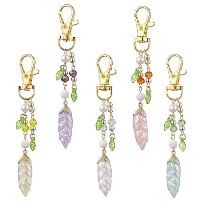 Décoration pendentif en résine de feuille, Fermoirs à griffes de homard pivotants en alliage et perles de verre pour ornements de porte-clés de sac à dos
