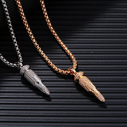 Модные хип-хоп-стиль латунные полные кристаллы горный хрусталь пуля кулон коробка цепи ожерелья для мужчин