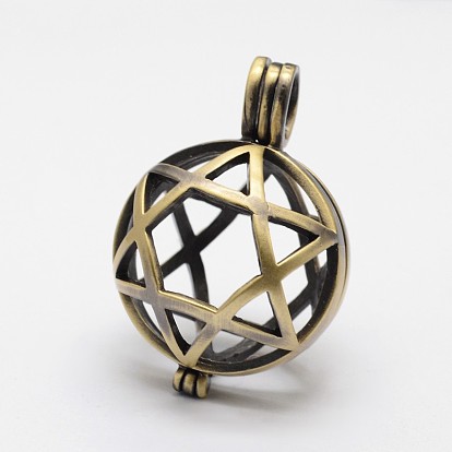 Filigree Round with Star of David Brass Locket Pendants, for Jewish, Cage Pendants, Lead Free & Cadmium Free, 37x25.5x22mm, Hole: 6x4mm, Inner: 22mm