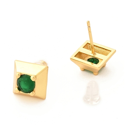 Brass Micro Pave Cubic Zirconia Stud Earrings, Real 18K Gold Plated, Square