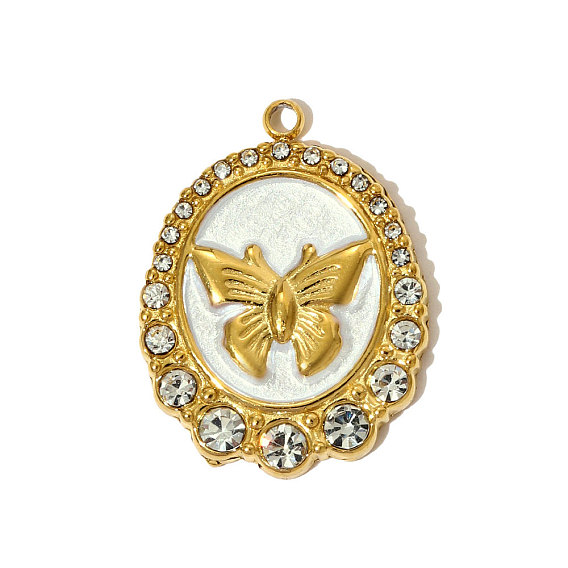 304 нержавеющей стальной эмали подвески, овал с подвесками в виде бабочек, с блестящей пудрой и стразами, ионное покрытие (ip), реальный 18 k позолоченный