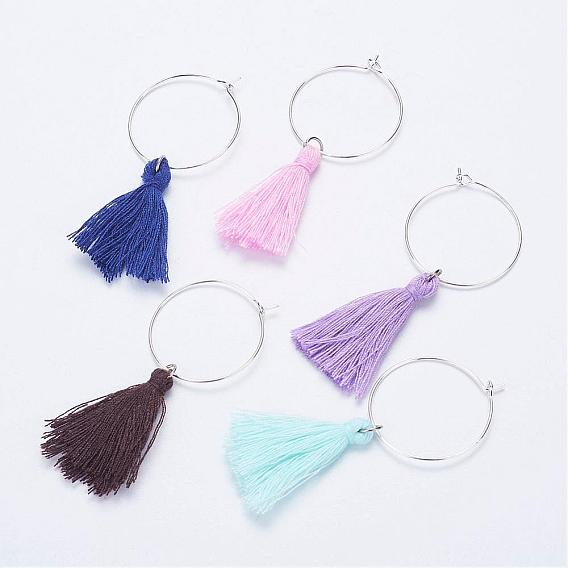 Cotton Thread Tassels Wine Glass Charms, with Brass Rings Hoop Earrings, Silver Color Plated