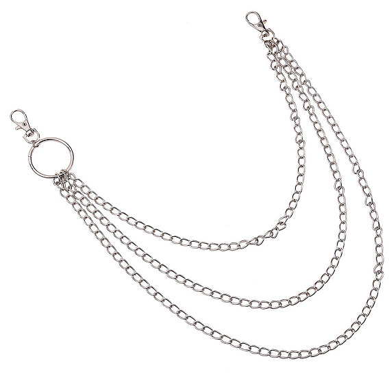 Iron Three-Tiered Chain Belts, with Aluminum End Chains, Curb Chains and Lobster Claw Clasps