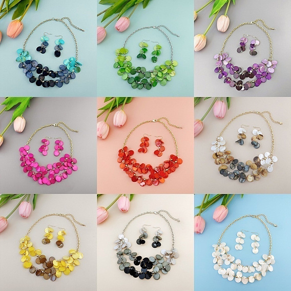 Комплекты из плоских круглых подвесных серег и двухслойных ожерелий, со сплавочной фурнитурой