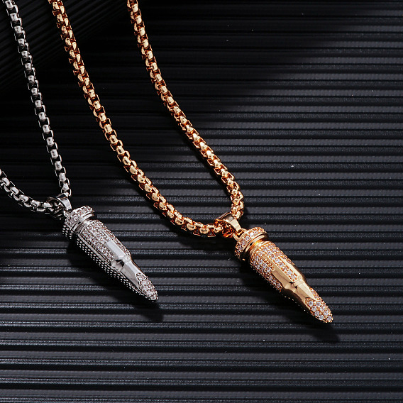 Модные хип-хоп-стиль латунные полные кристаллы горный хрусталь пуля кулон коробка цепи ожерелья для мужчин
