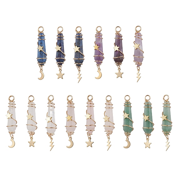 3 шт. 3 стили натуральный драгоценный камень заостренный медная проволока обернутая граненая пуля большие подвески, металлические подвески в виде луны, звезды, молнии, золотые
