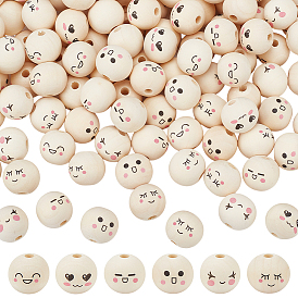 120Pcs 6 Styles Printed Wood European Beads, Round with Smiling Face