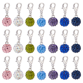 28pcs 7 style Polymer Clay Rhinestone Pendant Decoration, with Zinc Alloy Lobster Claw Clasps and Iron Open Jump Rings
