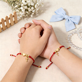 Браслеты для пары из латуни с подвесками в виде сердца и креста, регулируемые браслеты из плетеного волоконного шнура, золотые