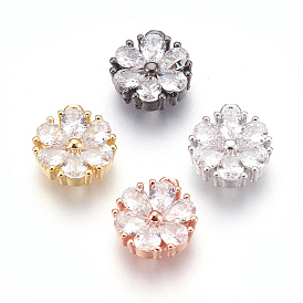 Brass Charms, with Cubic Zirconia, Flower, Clear