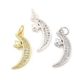 Rack Plating Brass Micro Pave Clear Cubic Zirconia Pendants, with Jump Rings, Long-Lasting Plated, Lead Free & Cadmium Free, Moon
