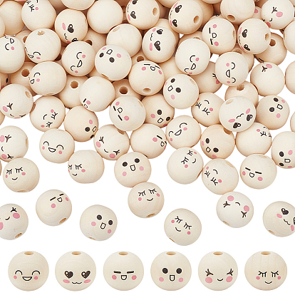 120Pcs 6 Styles Printed Wood European Beads, Round with Smiling Face