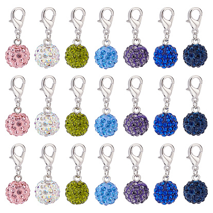 28pcs 7 style Polymer Clay Rhinestone Pendant Decoration, with Zinc Alloy Lobster Claw Clasps and Iron Open Jump Rings