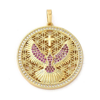Flat Round with Pigeons & Cross Rack Plating Brass Micro Pave Cubic Zirconia Pendants, Long-Lasting Plated, Lead Free & Cadmium Free