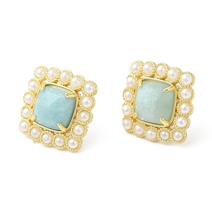Natural Mixed Gemstone Square Stud Earrings with Plastic Pearl Beaded, Real 14K Gold Plated Brass Jewelry