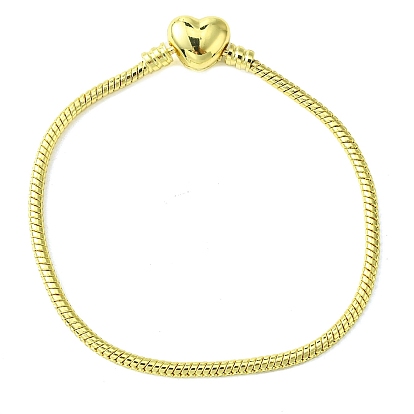 Brass Round Snake Chains with Alloy Heart Clasps Bracelets for Women, Long-Lasting Plated