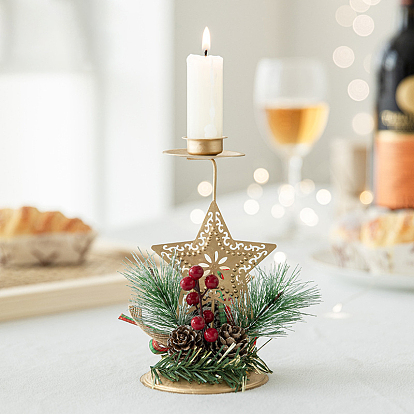 Star Iron Candle Holder, Artificial Pine Branch Candlestick Stand, Christmas Theme