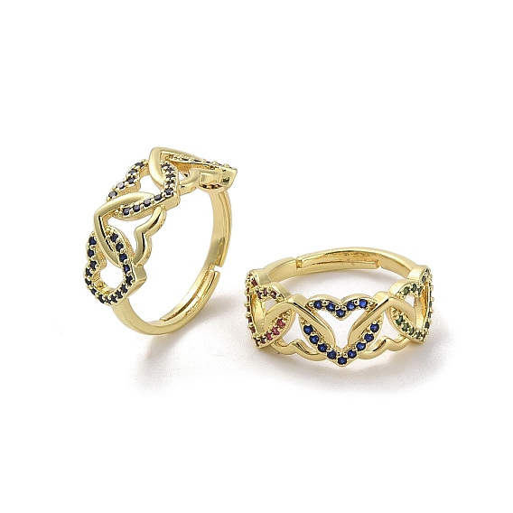 Real 18K Gold Plated Brass Micro Pave Cubic Zirconia Adjustable Rings, Cadmium Free & Nickel Free & Lead Free, Heart