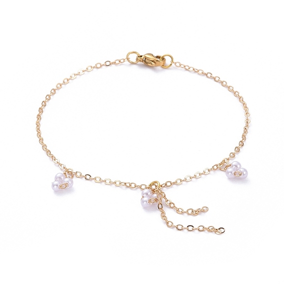 Charms Bracelets, with Brass Cable Chains, ABS Plastic Imitation Pearl and 304 Stainless Steel Lobster Claw Clasps