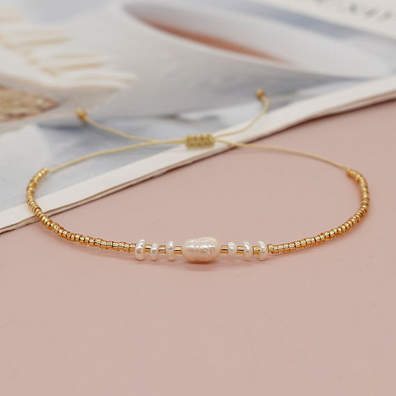 White Natural Freshwater Pearl and Glass Adjustable Braided Bead Bracelets for Women Daily Casual and Date Wear