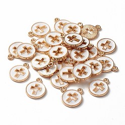 Light Gold Plated Alloy Enamel Pendants, Flat Round with Cross