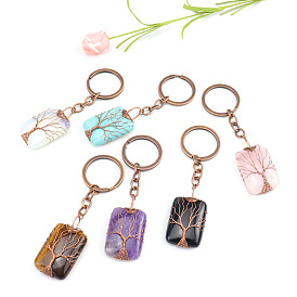 Tree of Life Wire Wrapped Rectangle Natural & Synthetic Gemstone Pendant Keychain, with Metal Findings