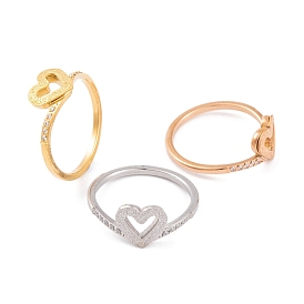 304 Stainless Steel Heart Finger Ring for Women, with Clear Cubic Zirconia