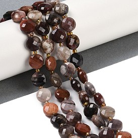 Natural Petrified Wood Beads Strands, Faceted, Flat Round, with Seed Beads