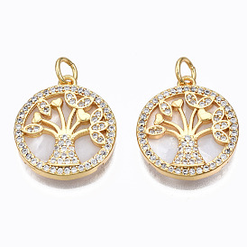 Brass Micro Pave clear Cubic Zirconia Pendants, with Shell and Jump Rings, Nickel Free, Flat Round with Tree