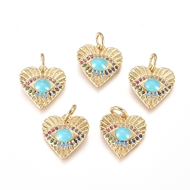 Brass Charms, with Micro Pave Cubic Zirconia, Enamel and Jump Rings, Heart with Evil Eye
