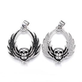 304 Stainless Steel Big Pendants, with Rhinestones and Enamel, Skull with Wing