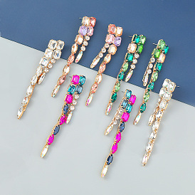 Fashion Colorful Rhinestone Double-layer Geometric Long Earrings for Women