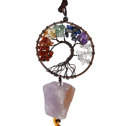 Brass Big Pendant Decorations, with Natural Gemstone Beads and Nylon Tassel, Round Ring with Tree of Life, Chakra Theme