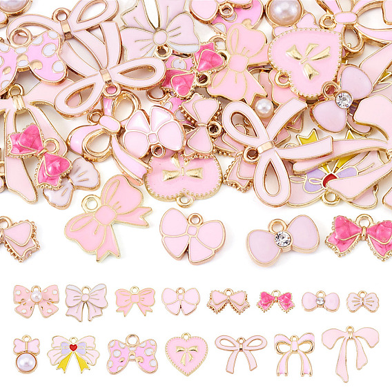 60Pcs 15 Styles Alloy Enamel Pendants, Bowknot Charm