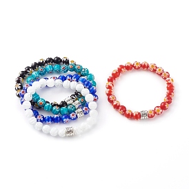 Handmade Millefiori Lampwork Round Beads Stretch Bracelets, with Alloy European Beads, Antique Silver