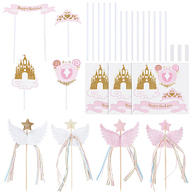 SUPERFINDINGS 4Pcs 2 Colors Resin Wing & Star Cake Topper, 12 Seats Carriage & Crown & Castle Paper Card Party Decorate, for Birthday Theme Decoration