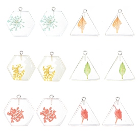 SUNNYCLUE Resin Pendants, with Dried Flower Inside and Iron Findings, Hexagon, Platinum