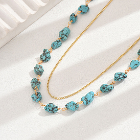 Vintage Brass Double Layered Necklace, Synthetic Turquoise Beads Necklace for Women Party Accessories