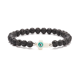 Cross with Evil Eye Shell & Natural Lava Rock Beaded Stretch Bracelet, Essential Oil Gemstone Jewelry for Women