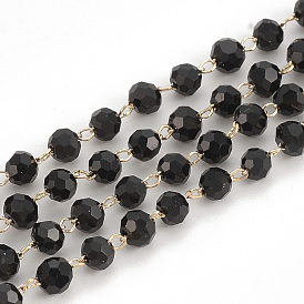 Main chaînes de perles de verre, soudé, avec les accessoires en laiton, facette, ronde, sans bobine