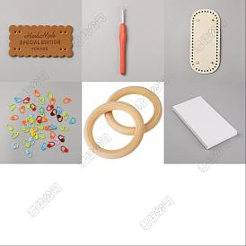 DIY-Kits zur Herstellung von Prusen, inklusive rechteckiger Etikettenanhänger aus Kunstleder und Taschenboden, Häkelnadeln aus Legierung, Nadelstichclip aus Kunststoff, Holzreifen