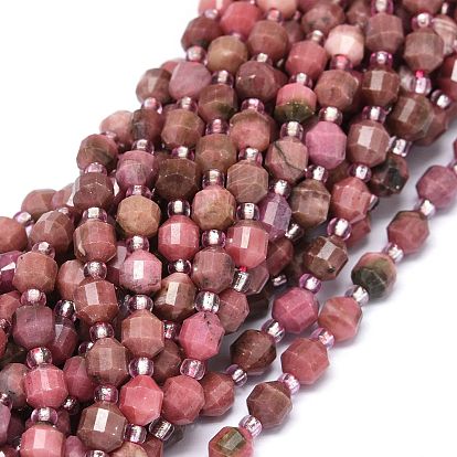 Natural Rhodonite Beads Strands, with Seed Beads, Faceted, Bicone, Double Terminated Point Prism Beads