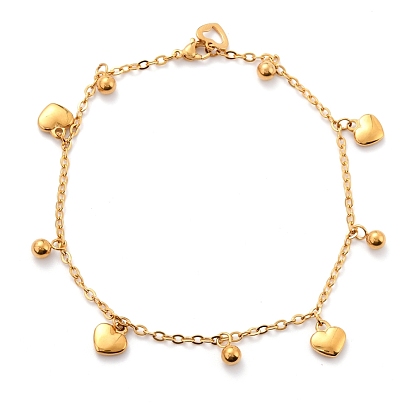 304 Stainless Steel Charm Anklets, with Cable Chains, Heart & Round
