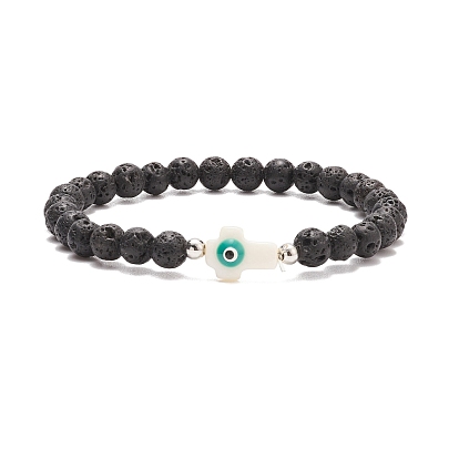 Cross with Evil Eye Shell & Natural Lava Rock Beaded Stretch Bracelet, Essential Oil Gemstone Jewelry for Women