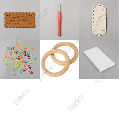 DIY-Kits zur Herstellung von Prusen, inklusive rechteckiger Etikettenanhänger aus Kunstleder und Taschenboden, Häkelnadeln aus Legierung, Nadelstichclip aus Kunststoff, Holzreifen